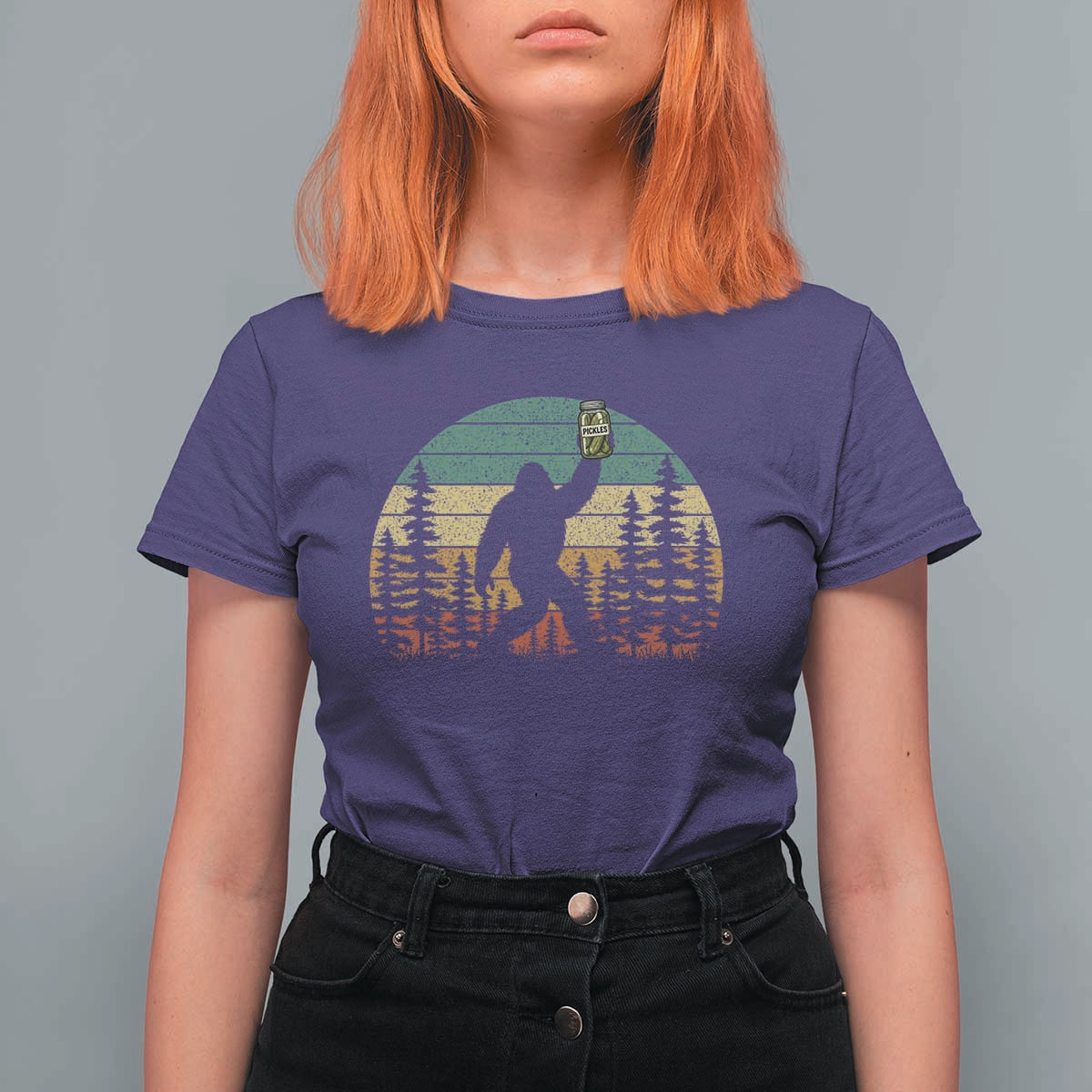 Funny Bigfoot Pickles Lover T Shirt For Women Retro Sasquatch Cucumber Food Lover