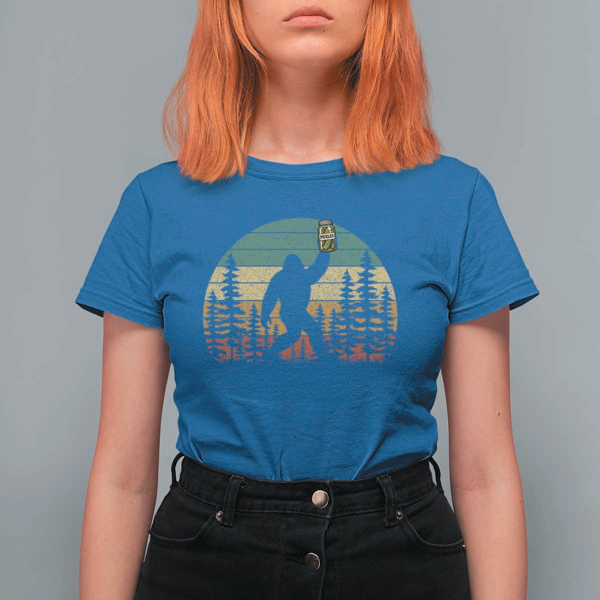 Funny Bigfoot Pickles Lover T Shirt For Women Retro Sasquatch Cucumber Food Lover
