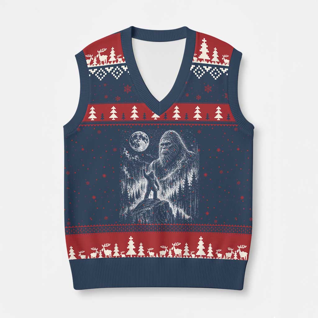 Bigfoot Howling at Moon Mystical Forest V-Neck Knit Sweater Vest Funny Sasquatch Nature Lover