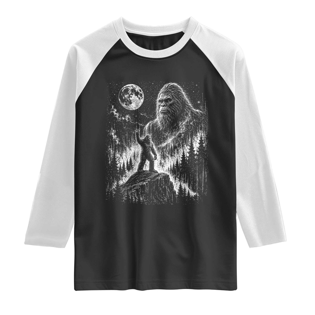 Bigfoot Howling at Moon Mystical Forest Raglan Shirt Funny Sasquatch Nature Lover