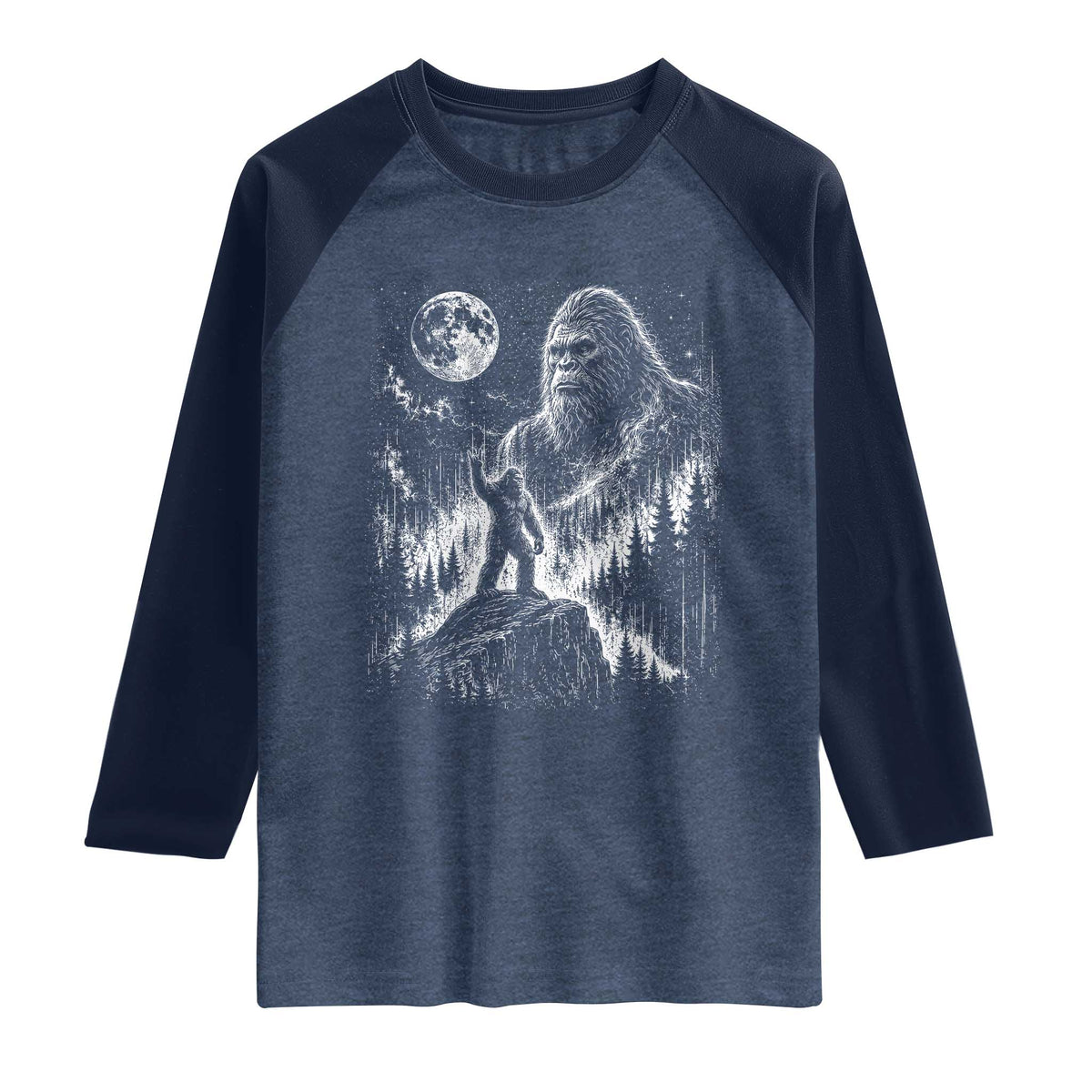 Bigfoot Howling at Moon Mystical Forest Raglan Shirt Funny Sasquatch Nature Lover