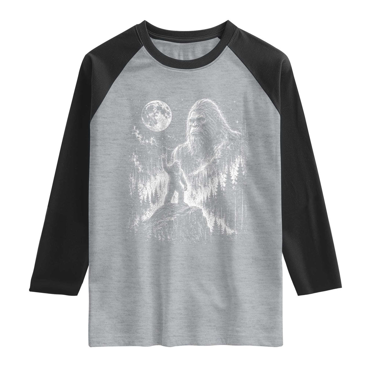 Bigfoot Howling at Moon Mystical Forest Raglan Shirt Funny Sasquatch Nature Lover