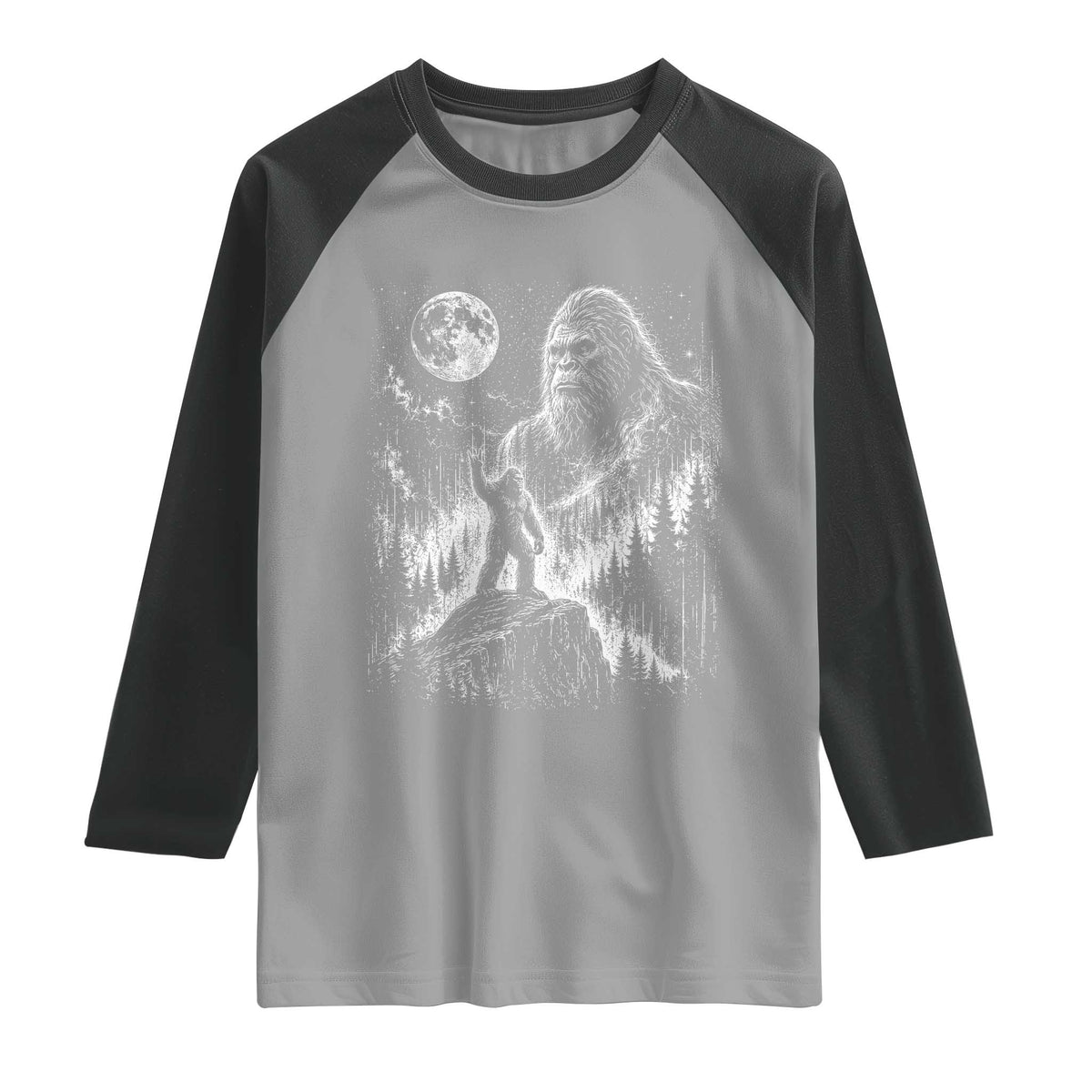 Bigfoot Howling at Moon Mystical Forest Raglan Shirt Funny Sasquatch Nature Lover
