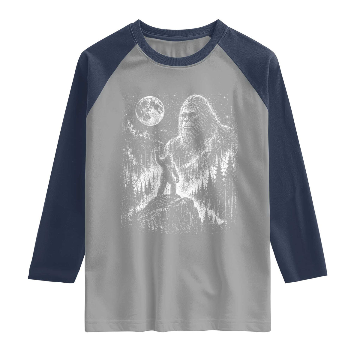 Bigfoot Howling at Moon Mystical Forest Raglan Shirt Funny Sasquatch Nature Lover