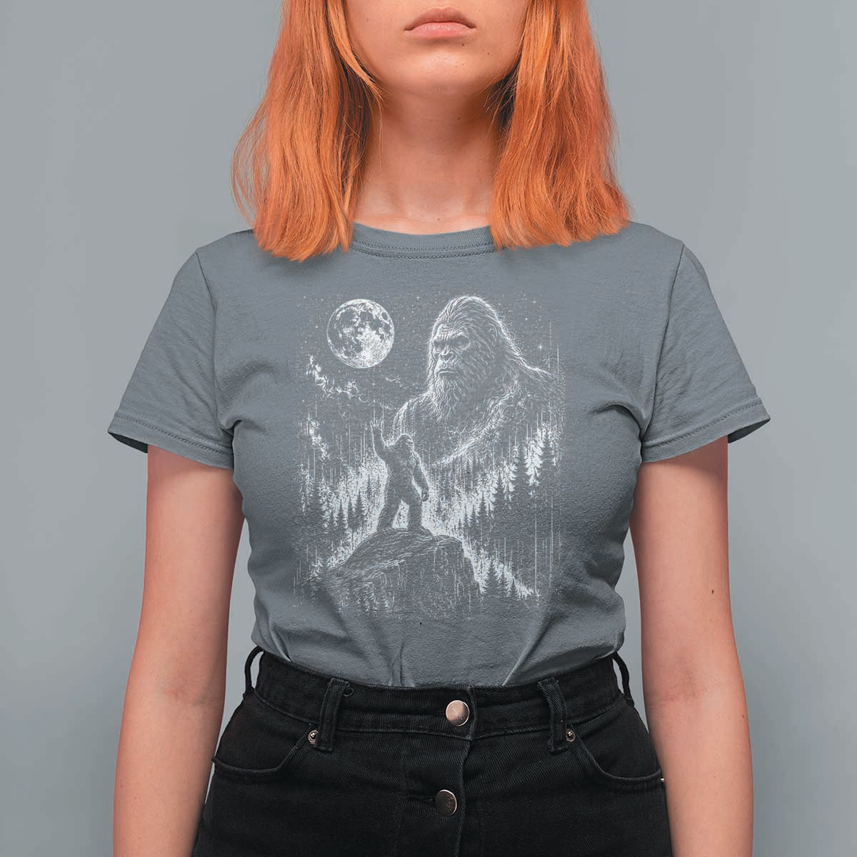 Bigfoot Howling at Moon Mystical Forest T Shirt For Women Funny Sasquatch Nature Lover