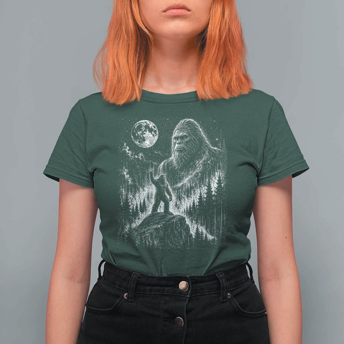 Bigfoot Howling at Moon Mystical Forest T Shirt For Women Funny Sasquatch Nature Lover
