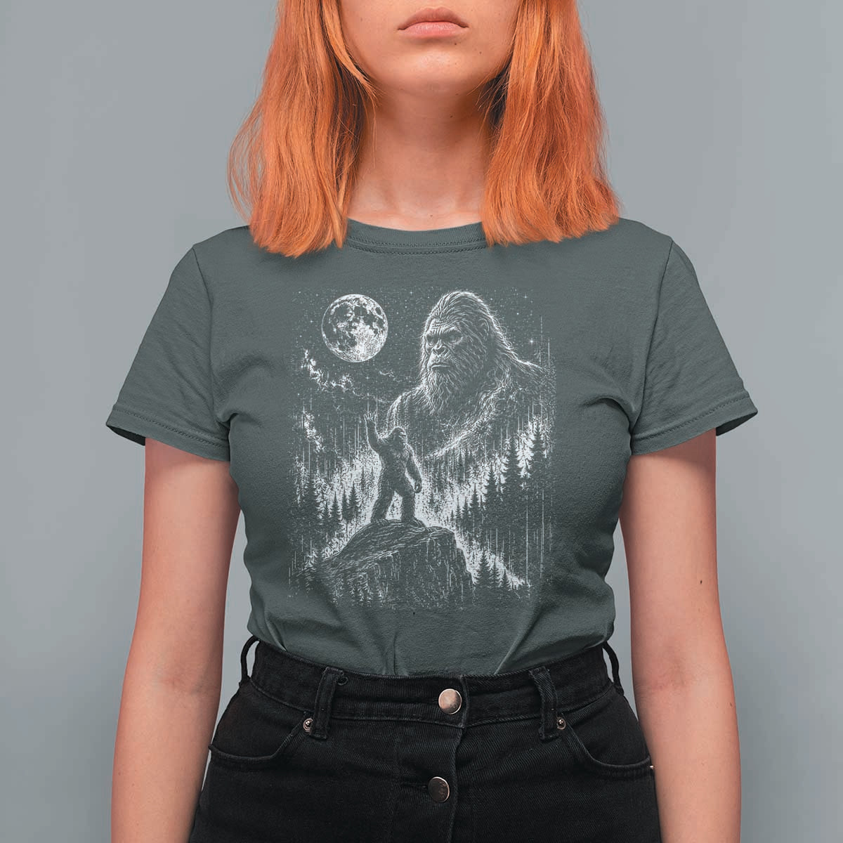 Bigfoot Howling at Moon Mystical Forest T Shirt For Women Funny Sasquatch Nature Lover
