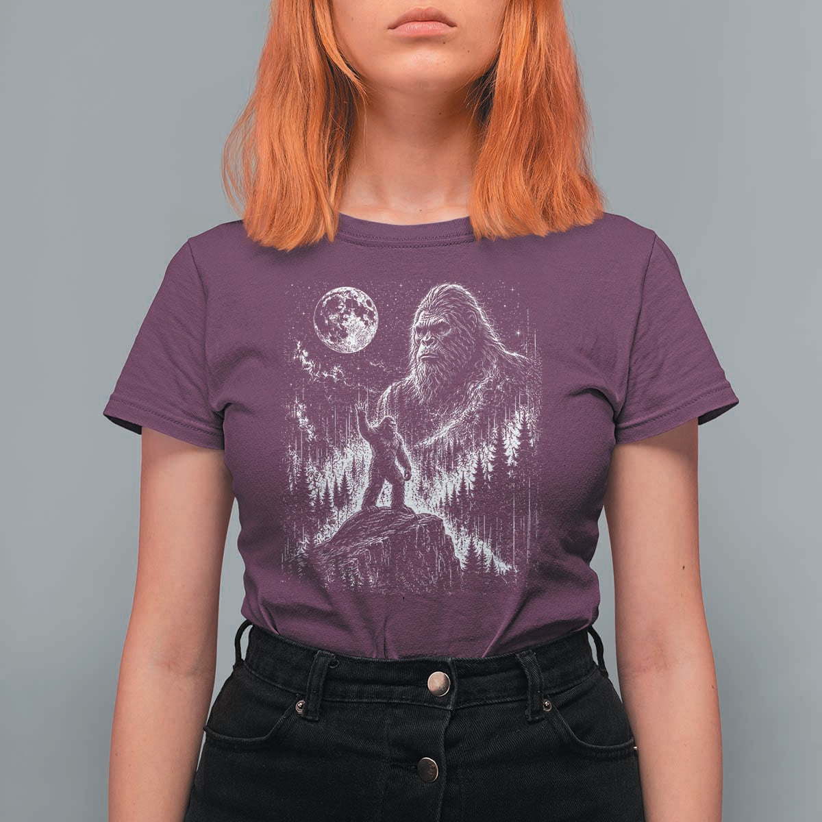 Bigfoot Howling at Moon Mystical Forest T Shirt For Women Funny Sasquatch Nature Lover
