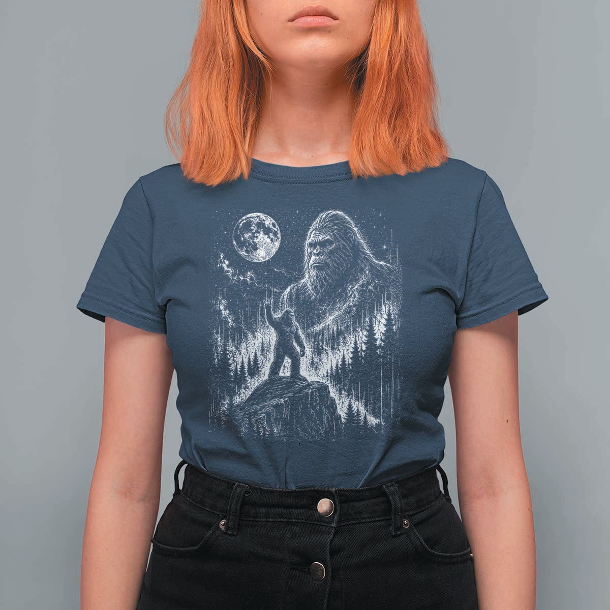 Bigfoot Howling at Moon Mystical Forest T Shirt For Women Funny Sasquatch Nature Lover