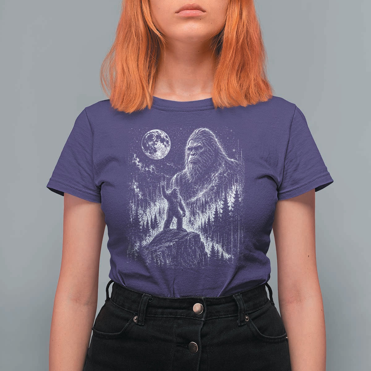 Bigfoot Howling at Moon Mystical Forest T Shirt For Women Funny Sasquatch Nature Lover