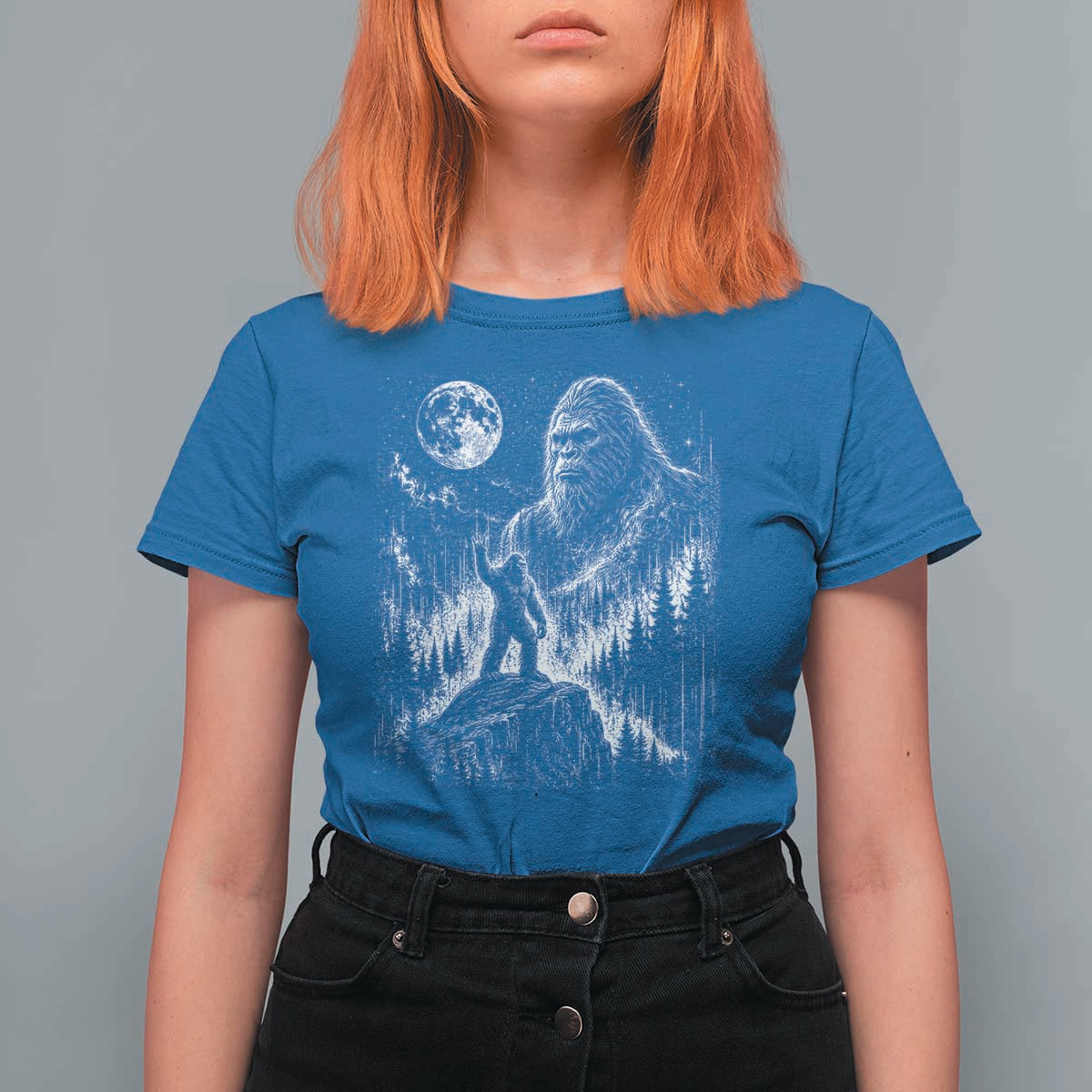 Bigfoot Howling at Moon Mystical Forest T Shirt For Women Funny Sasquatch Nature Lover