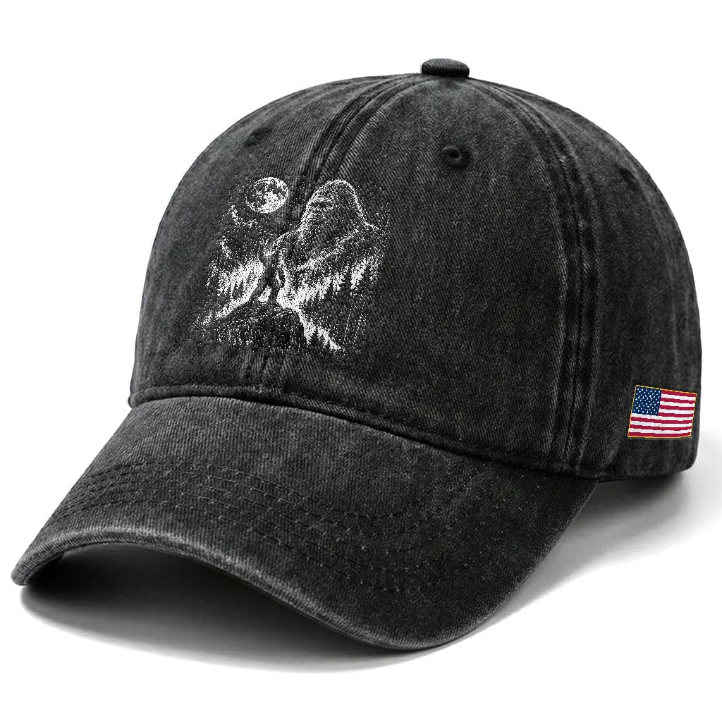 Bigfoot Howling at Moon Mystical Forest Washed Cotton Baseball Cap Funny Sasquatch Nature Lover