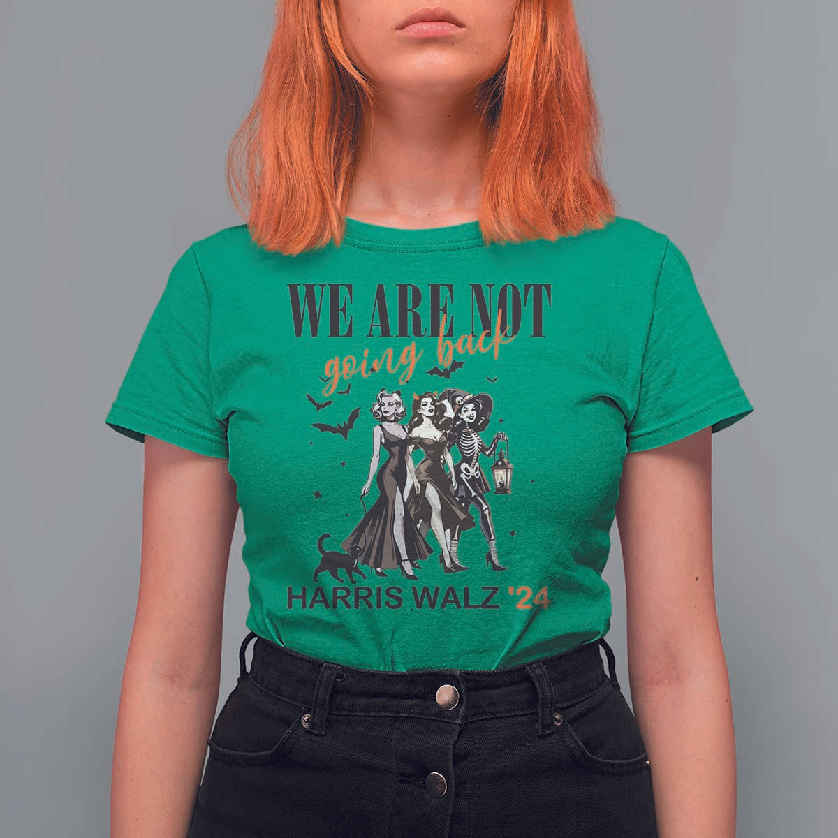 Halloween Harris Walz'24 T Shirt For Women We Are Not Going Back Witches Bat - Wonder Print Shop