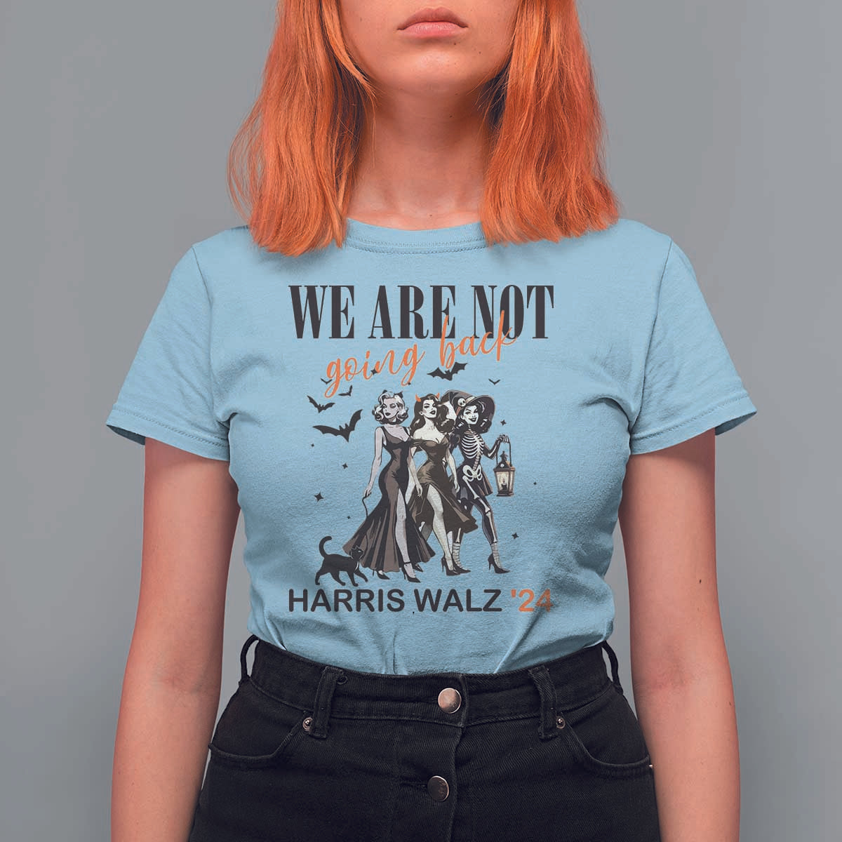 Halloween Harris Walz'24 T Shirt For Women We Are Not Going Back Witches Bat - Wonder Print Shop
