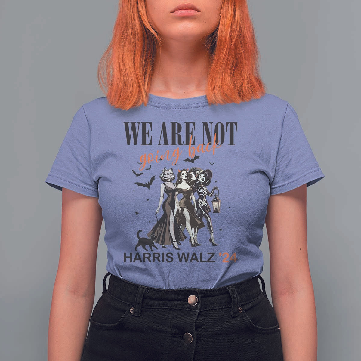 Halloween Harris Walz'24 T Shirt For Women We Are Not Going Back Witches Bat - Wonder Print Shop