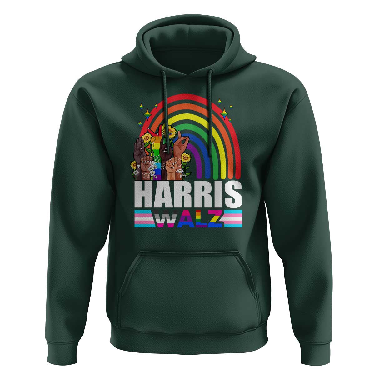 Harris Walz Hoodie LGBT Rainbow Flag Hand Rise Flower Unity - Wonder Print Shop