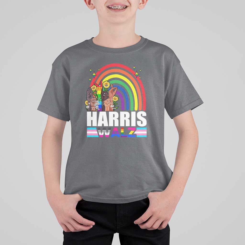 Harris Walz T Shirt For Kid LGBT Rainbow Flag Hand Rise Flower Unity - Wonder Print Shop