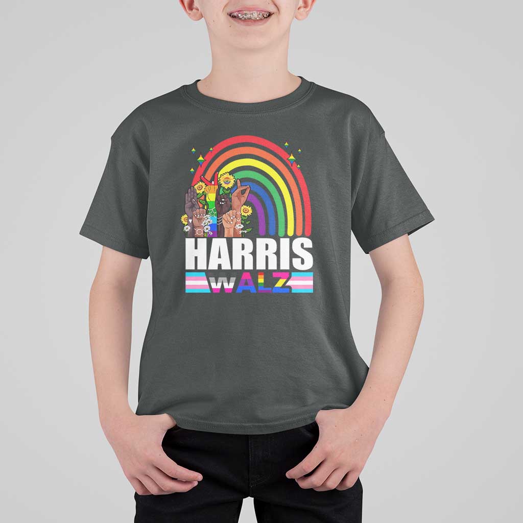 Harris Walz T Shirt For Kid LGBT Rainbow Flag Hand Rise Flower Unity - Wonder Print Shop