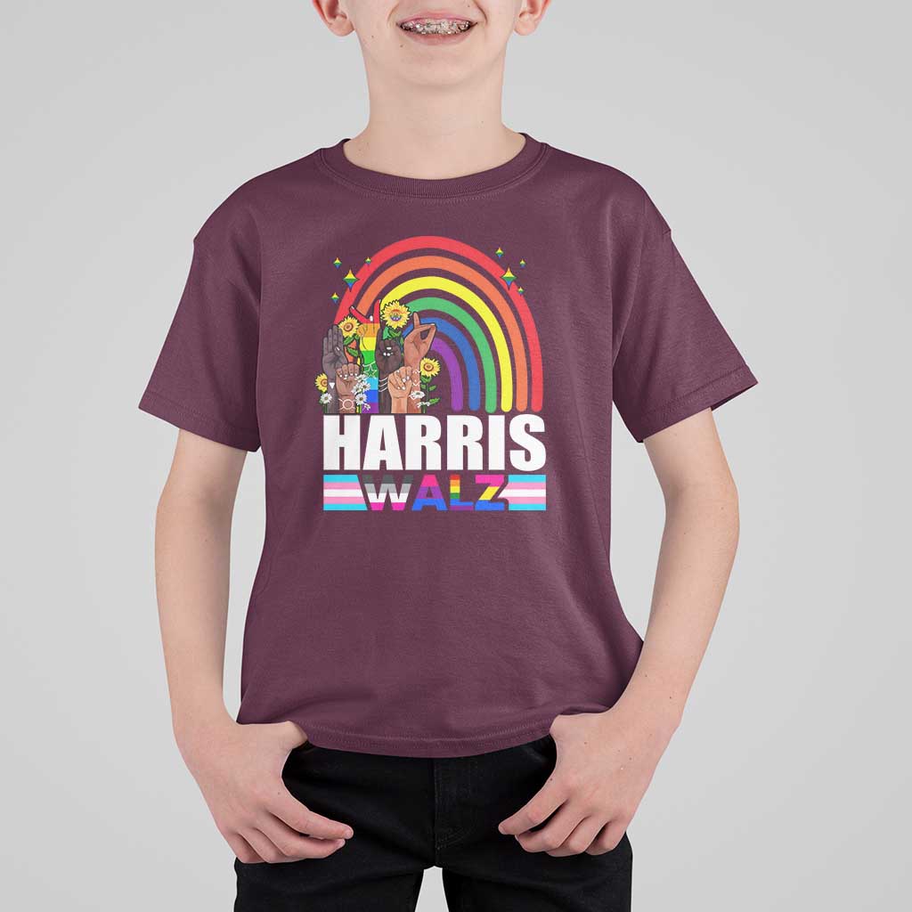Harris Walz T Shirt For Kid LGBT Rainbow Flag Hand Rise Flower Unity - Wonder Print Shop