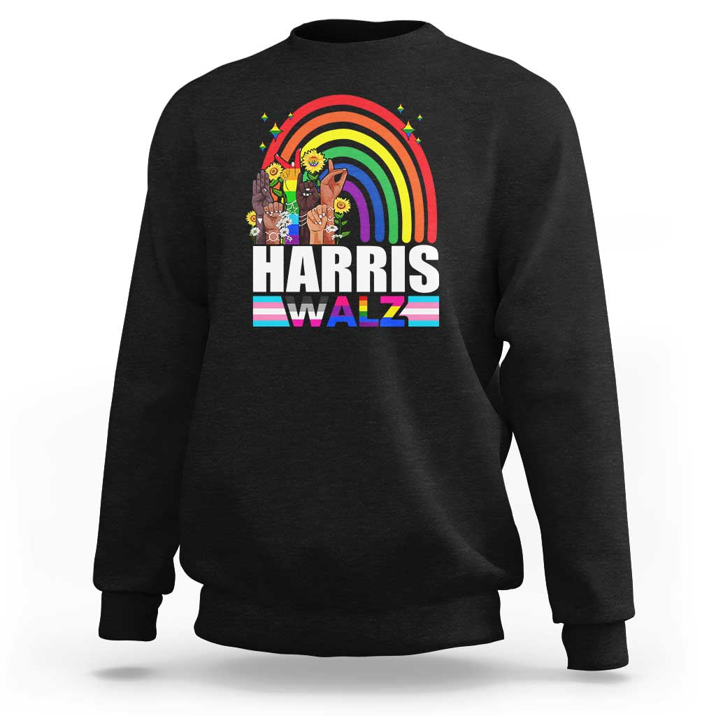 Harris Walz Sweatshirt LGBT Rainbow Flag Hand Rise Flower Unity - Wonder Print Shop