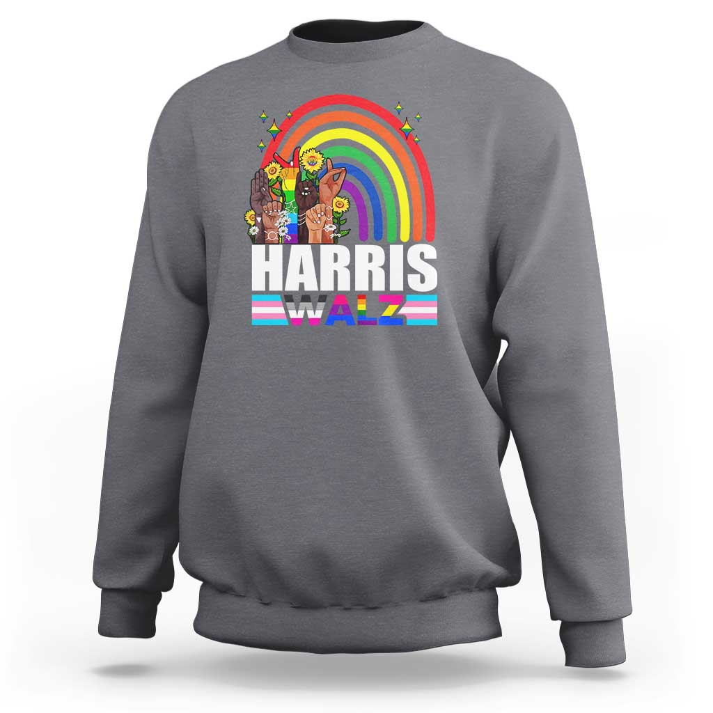 Harris Walz Sweatshirt LGBT Rainbow Flag Hand Rise Flower Unity - Wonder Print Shop