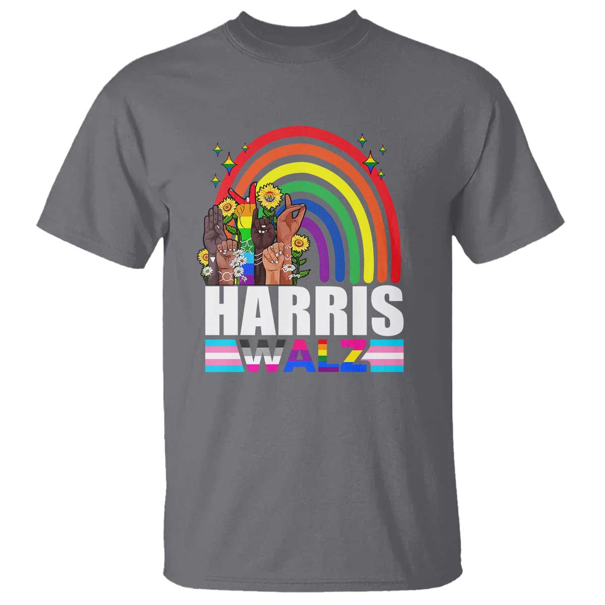 Harris Walz T Shirt LGBT Rainbow Flag Hand Rise Flower Unity - Wonder Print Shop
