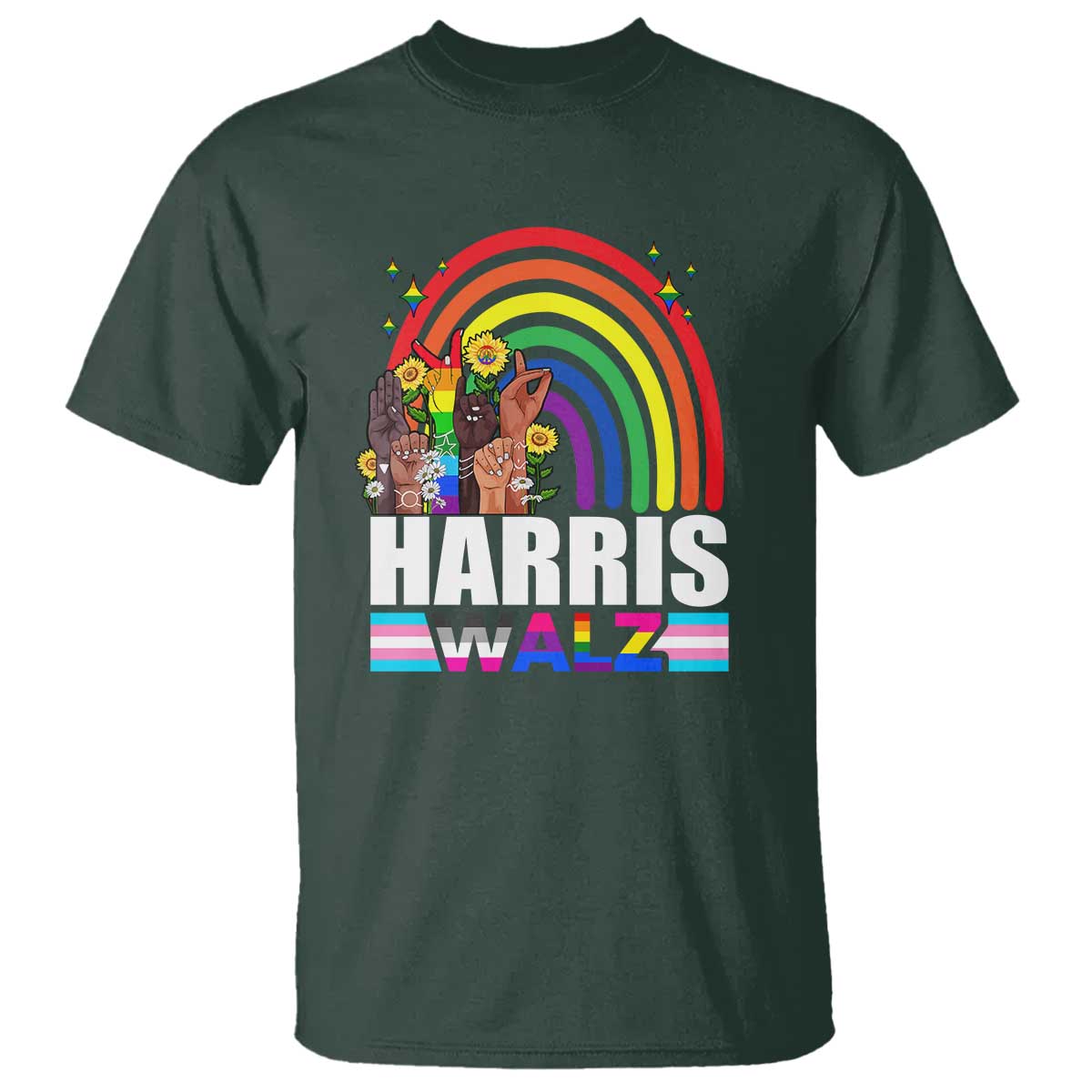 Harris Walz T Shirt LGBT Rainbow Flag Hand Rise Flower Unity - Wonder Print Shop