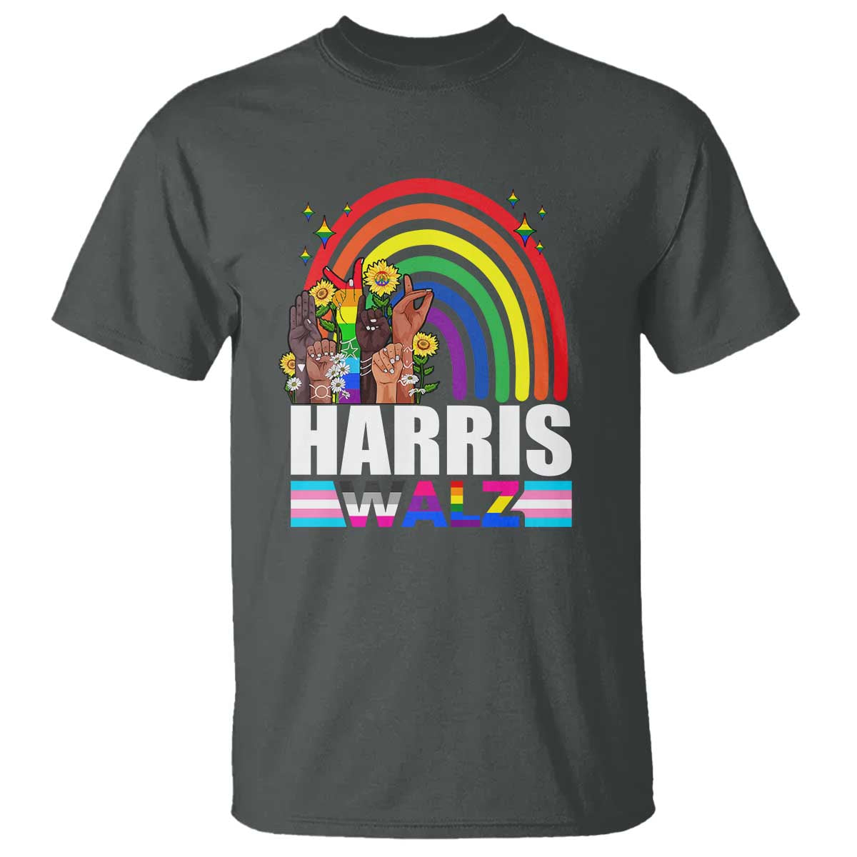 Harris Walz T Shirt LGBT Rainbow Flag Hand Rise Flower Unity - Wonder Print Shop