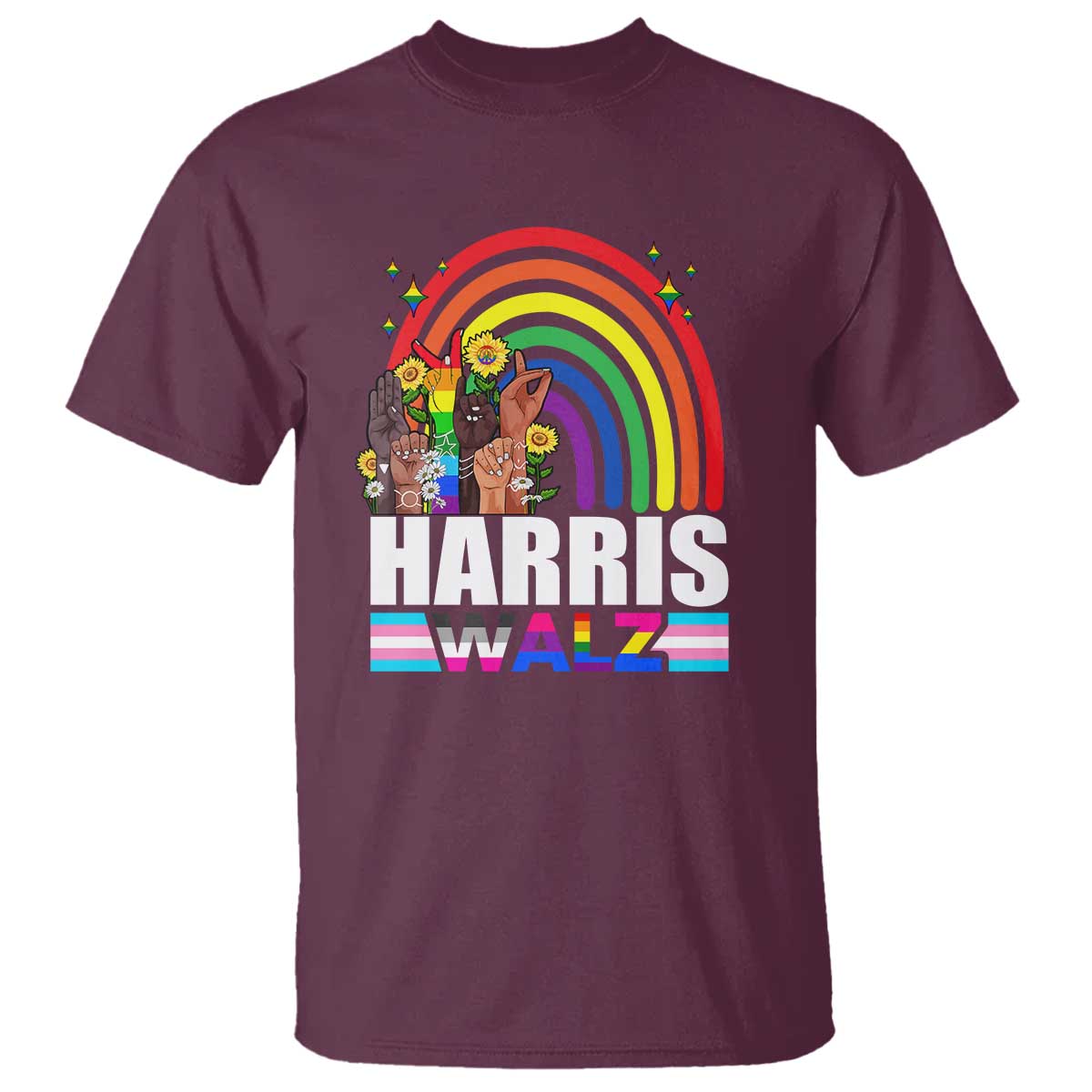 Harris Walz T Shirt LGBT Rainbow Flag Hand Rise Flower Unity - Wonder Print Shop