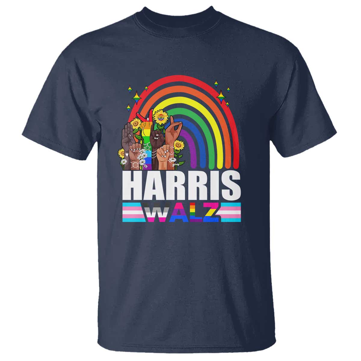Harris Walz T Shirt LGBT Rainbow Flag Hand Rise Flower Unity - Wonder Print Shop
