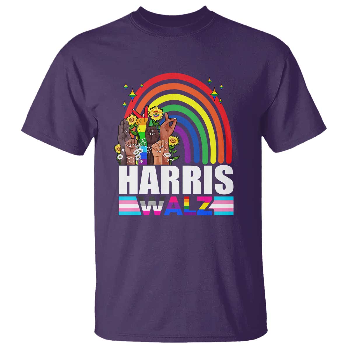 Harris Walz T Shirt LGBT Rainbow Flag Hand Rise Flower Unity - Wonder Print Shop