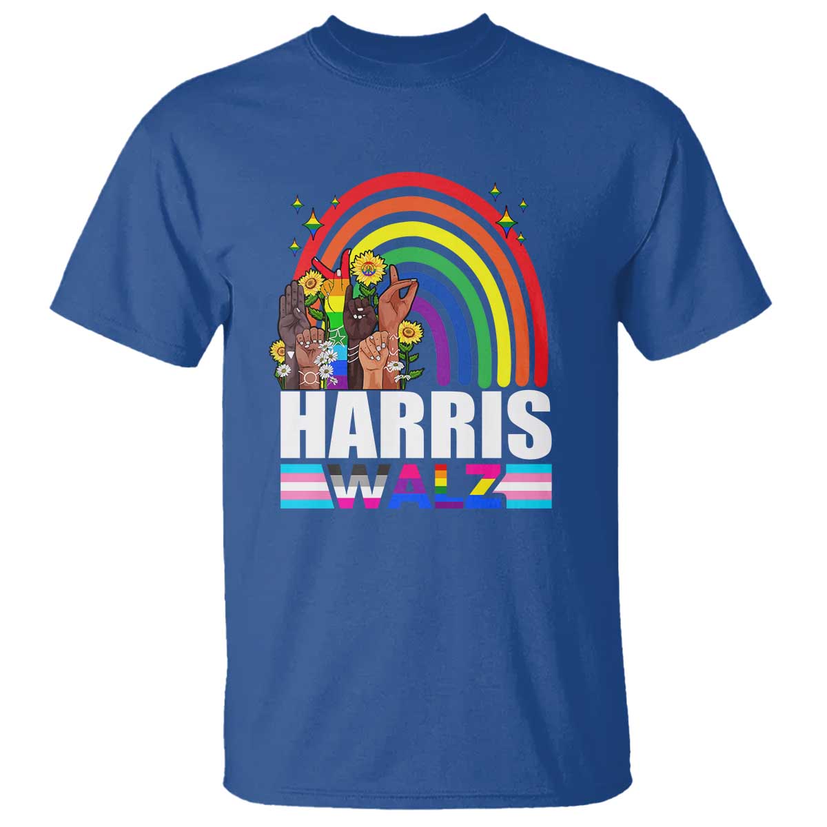 Harris Walz T Shirt LGBT Rainbow Flag Hand Rise Flower Unity - Wonder Print Shop