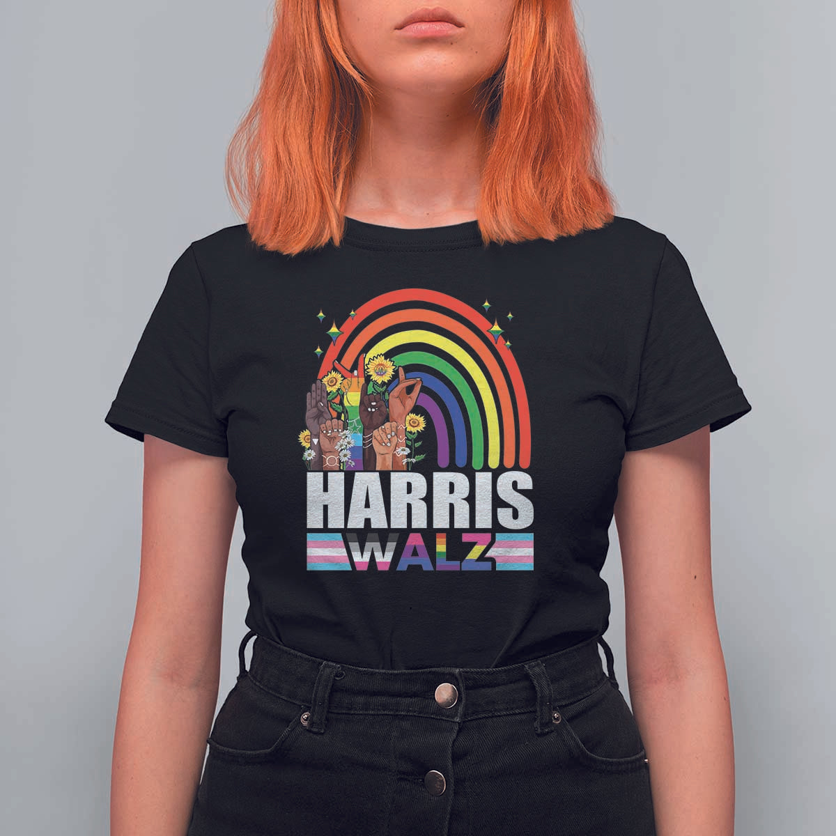 Harris Walz T Shirt For Women LGBT Rainbow Flag Hand Rise Flower Unity - Wonder Print Shop