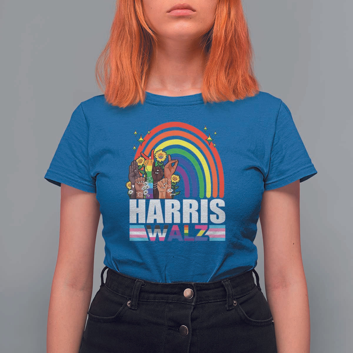 Harris Walz T Shirt For Women LGBT Rainbow Flag Hand Rise Flower Unity - Wonder Print Shop