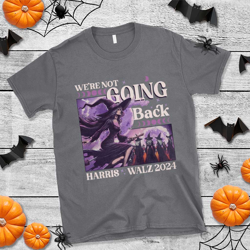 Harris Walz 2024 Halloween T Shirt We're Not Going Back Witch Childless Cat Ladies Moon - Wonder Print Shop