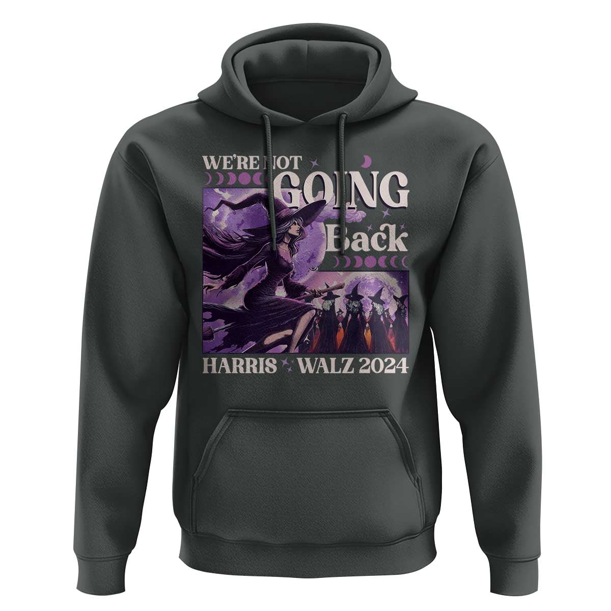 Harris Walz 2024 Halloween Hoodie We're Not Going Back Witch Childless Cat Ladies Moon - Wonder Print Shop
