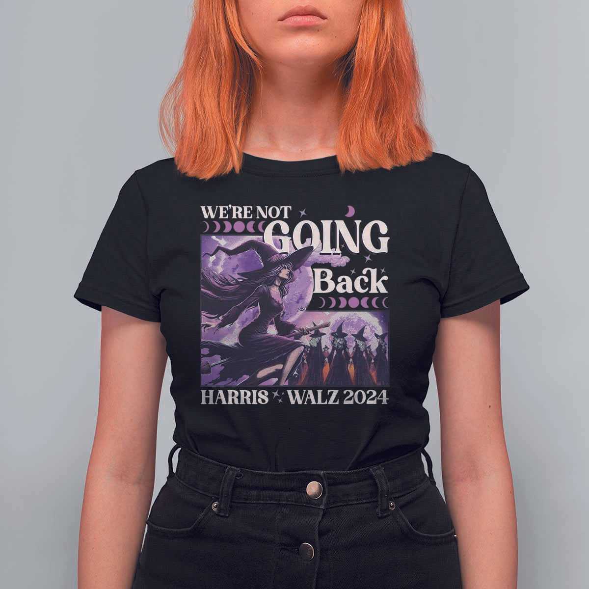 Harris Walz 2024 Halloween T Shirt For Women We're Not Going Back Witch Childless Cat Ladies Moon - Wonder Print Shop