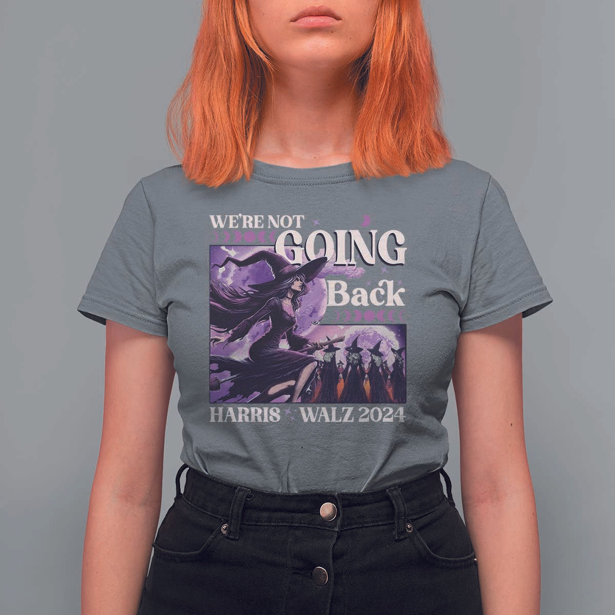 Harris Walz 2024 Halloween T Shirt For Women We're Not Going Back Witch Childless Cat Ladies Moon - Wonder Print Shop