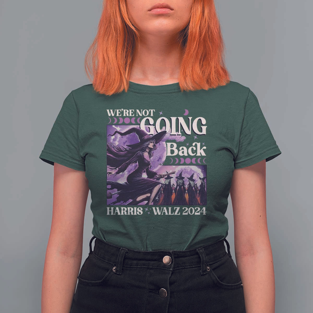 Harris Walz 2024 Halloween T Shirt For Women We're Not Going Back Witch Childless Cat Ladies Moon - Wonder Print Shop
