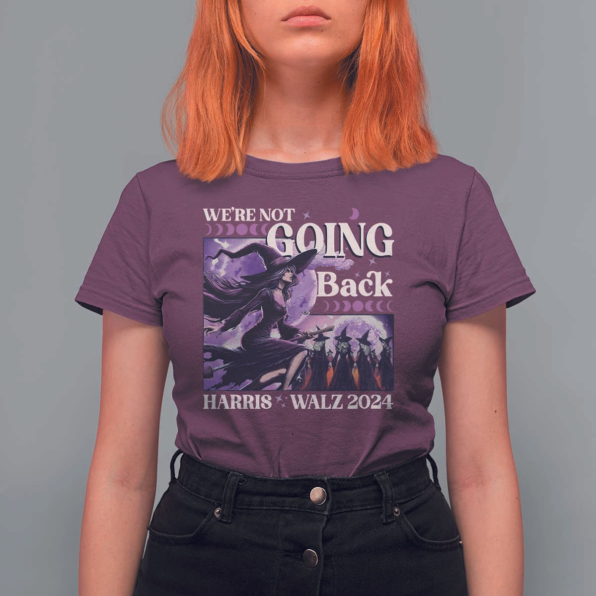 Harris Walz 2024 Halloween T Shirt For Women We're Not Going Back Witch Childless Cat Ladies Moon - Wonder Print Shop