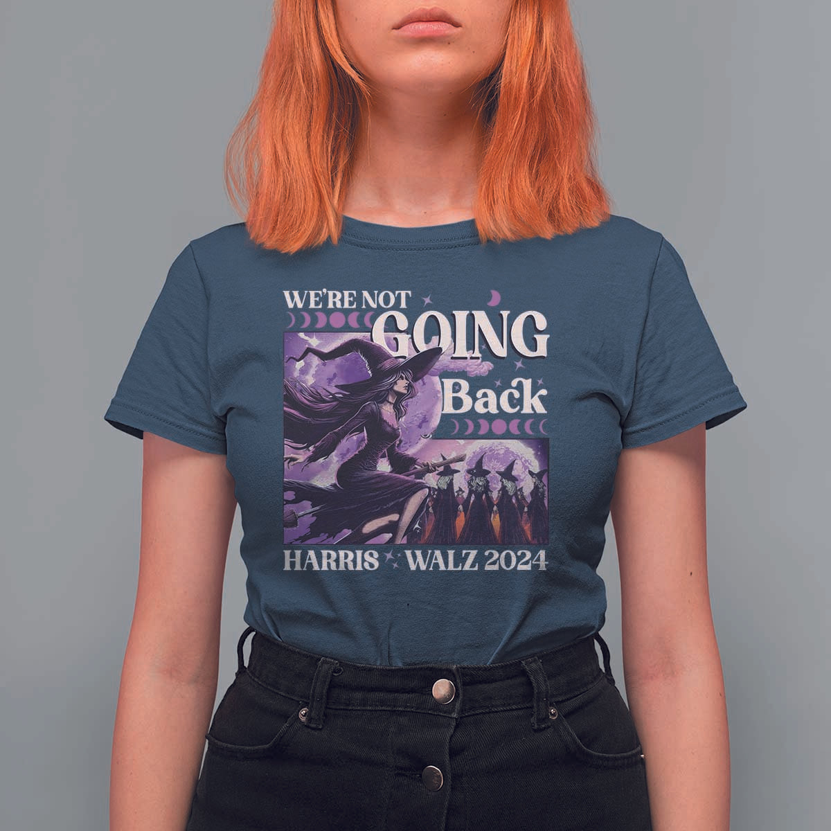 Harris Walz 2024 Halloween T Shirt For Women We're Not Going Back Witch Childless Cat Ladies Moon - Wonder Print Shop