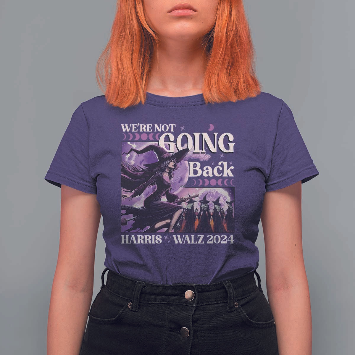 Harris Walz 2024 Halloween T Shirt For Women We're Not Going Back Witch Childless Cat Ladies Moon - Wonder Print Shop