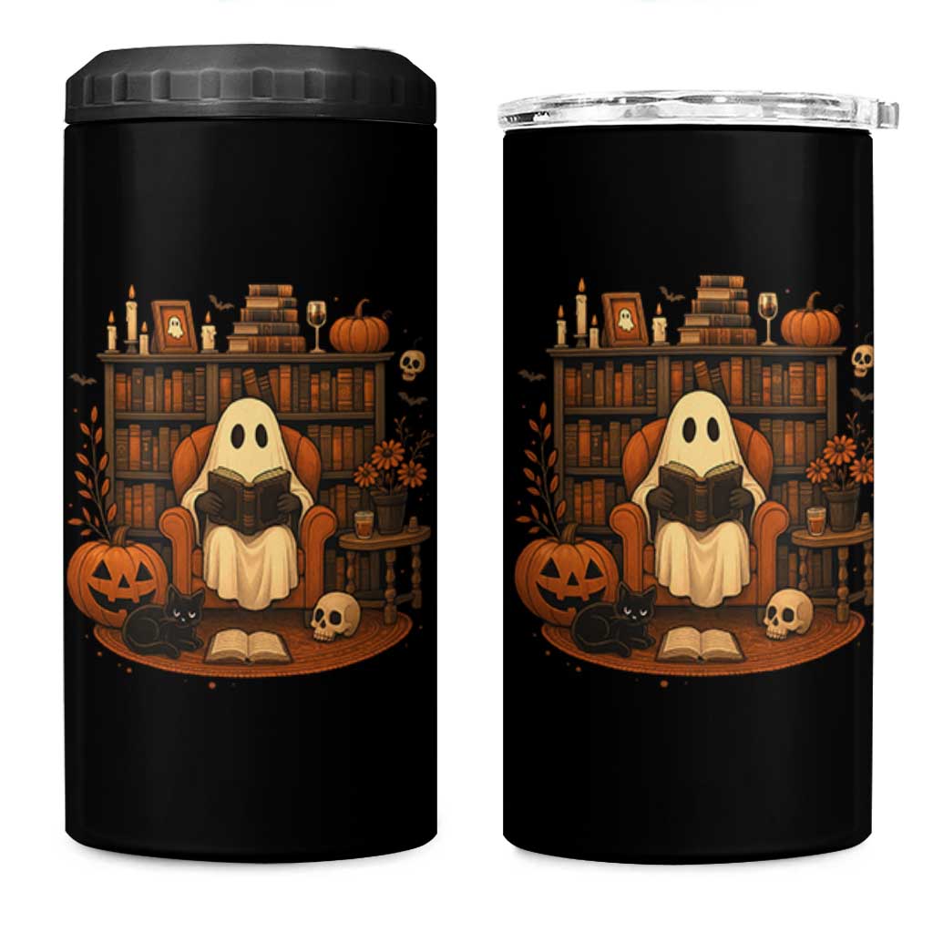 Halloween Book Lover 4 in 1 Can Cooler Tumbler Spooky Ghost Reading Book Librarians Bookworm - Wonder Print Shop