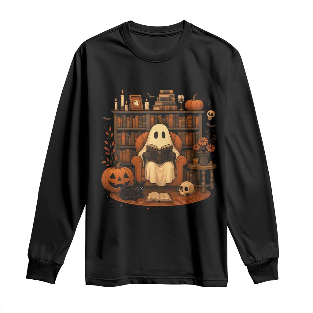 Halloween Book Lover Long Sleeve Shirt Spooky Ghost Reading Book Librarians Bookworm - Wonder Print Shop