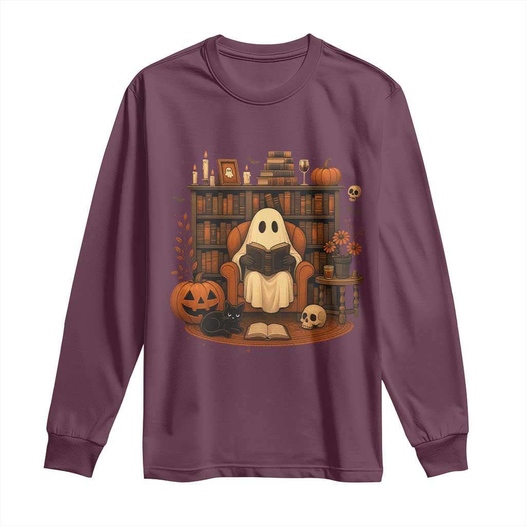 Halloween Book Lover Long Sleeve Shirt Spooky Ghost Reading Book Librarians Bookworm - Wonder Print Shop