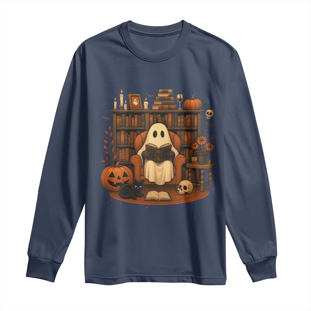 Halloween Book Lover Long Sleeve Shirt Spooky Ghost Reading Book Librarians Bookworm - Wonder Print Shop