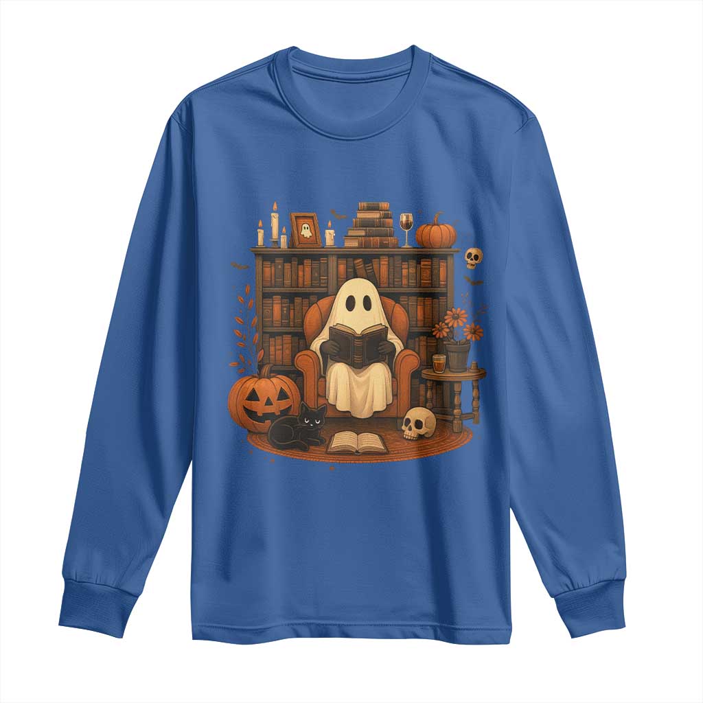 Halloween Book Lover Long Sleeve Shirt Spooky Ghost Reading Book Librarians Bookworm - Wonder Print Shop