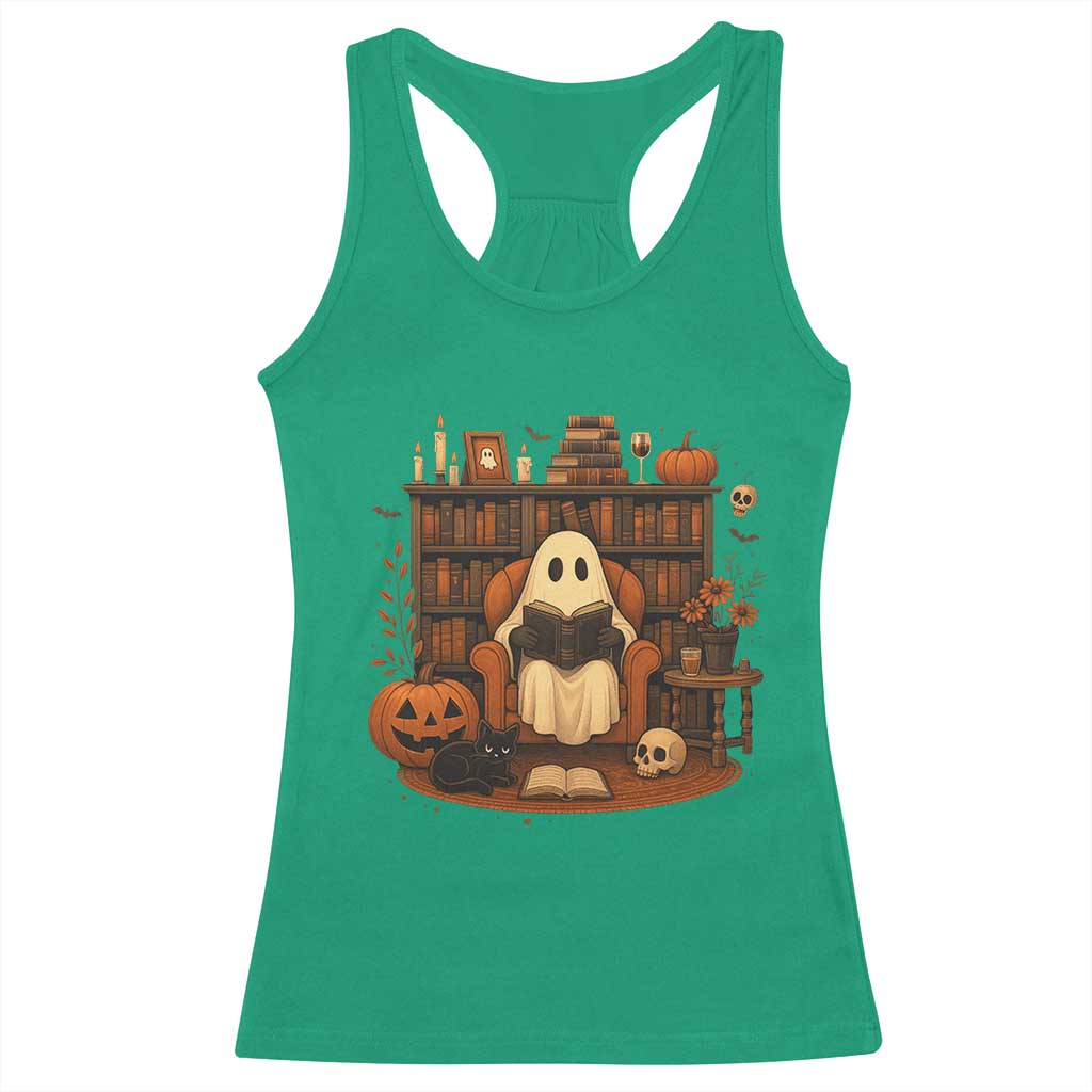 Halloween Book Lover Racerback Tank Top Spooky Ghost Reading Book Librarians Bookworm - Wonder Print Shop