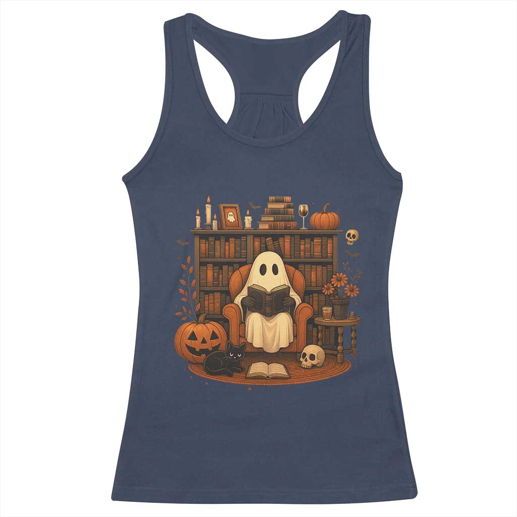 Halloween Book Lover Racerback Tank Top Spooky Ghost Reading Book Librarians Bookworm - Wonder Print Shop