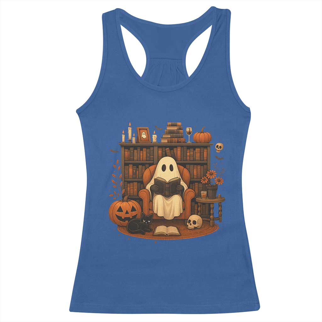 Halloween Book Lover Racerback Tank Top Spooky Ghost Reading Book Librarians Bookworm - Wonder Print Shop